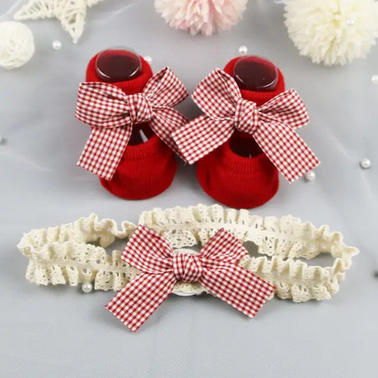 Gift Cotton Heart Red Bow Headband Infant anti Slip Socks Newborn Baby Girl Socks Socks Headband Set Toddler Floor Socks